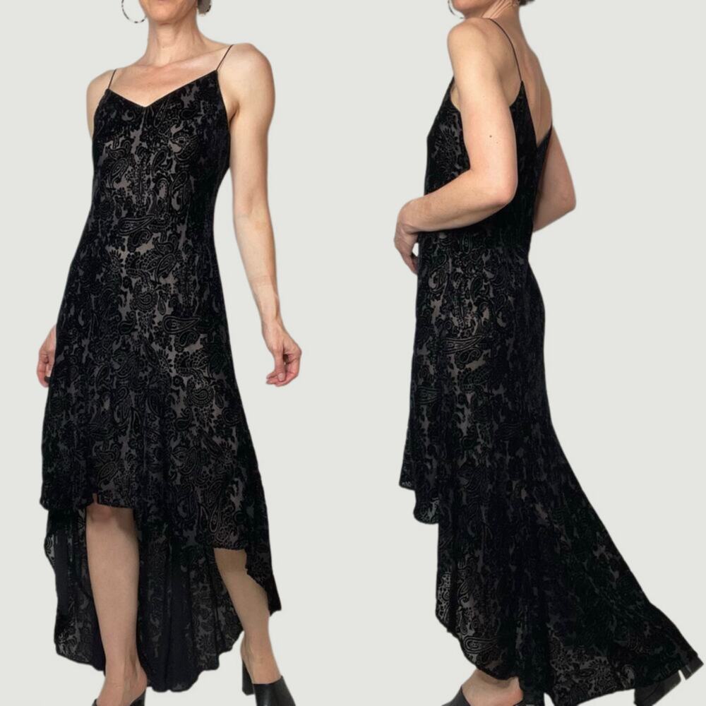 Vintage 90s Y2K velvet burnout slip dress hi-lo train hem black whimsigoth prom